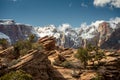 Towers Of The Virgin Blanketed In Snow With Rocks At Canyon Overlook In Zion Royalty Free Stock Photo