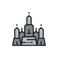 Towers Wat Arun, Temple of Dawn, Ayutthaya city, Bangkok flat color line icon.