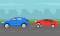 Towing a broken down car on a dolly trailer. Side view of a red sedan and blue suv car on a city road. Royalty Free Stock Photo