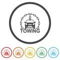 Towing car evacuation icon. Set icons in color circle buttons