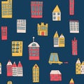 Vector illustration of a city building in the form of a color seamless pattern. Houses of different shapes.