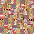 Vector illustration of a city building in the form of a color seamless pattern. Houses of different shapes. Royalty Free Stock Photo