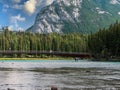 Town of Banff, Bow River Trail scenery in summer sunny day. Banff National Park, Canadian Rockies, Alberta, Canada. Mount Rundle Royalty Free Stock Photo