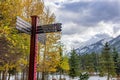 Town of Banff street signpost in snowy autumn day. Banff National Park