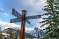 Town of Banff street signpost in snowy winter. Banff National Park