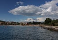 Town beach on sunny day in Rovinj in Croatia Royalty Free Stock Photo