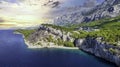 Beautiful coastline on the Riviera Makarska on Adriatic sea in Croatia, tourist resorts and beach, overhead view