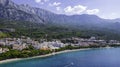 Beautiful coastline on the Riviera Makarska on Adriatic sea in Croatia, tourist resorts and beach, overhead view