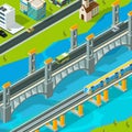 Town bridge landscape. Building footbridge pedestrian car overpass road viaduct vector isometric landscape