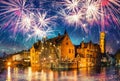 The town of Bruges Belgium with fireworks Royalty Free Stock Photo