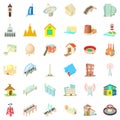 Town building icons set, cartoon style