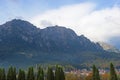 The town of Busteni and Carpathian Mountains from Cantacuzino Castle, Romania Royalty Free Stock Photo
