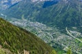 The town of Chamonix in the Mont Blanc valley in the Mont Blanc massif in Europe, France, the Alps, towards Chamonix, in summer on Royalty Free Stock Photo