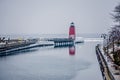 Town of Charlevoix and South Pier Lighthouse on lake michigan Royalty Free Stock Photo