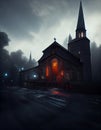 town church aesthetic dark by night detailed Unreal Engine 5 concept art atmospheric cinematic dramatic light