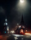 town church aesthetic dark by night detailed Unreal Engine 5 concept art atmospheric cinematic dramatic light