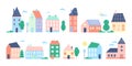 Town or city houses vector illustration set, cartoon flat cute colorful urban cityscape collection of modern retro