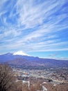 Town, clouds, Fuji mountain, residential buildings in Japan countryside