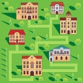 Town With Colorful Houses. Seamless Pattern. Vector Cartoon Illustration On A Green Background.