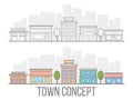 Town concept set. Street with hotel, garage, boutique and cafe. Linear design. Small city in flat style isolated on white backgrou Royalty Free Stock Photo