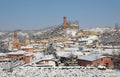 Town covered with snow. Corneliano D'Alba, Italy. Royalty Free Stock Photo