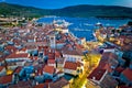 Town of Cres rooftops and waterfront aerial evening view, Island of Cres