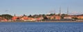 Town Ebeltoft and masts of Fregatten Jylland.