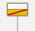 Town entry and exit, city limit road sign template. Vector German yellow and white city border entry and exit road sign