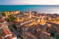 Town of Grado church and waterfront aerial evening view