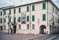 Town Hall of Brescello, Italy with Statue of Mayor Peppone from the Don Camillo Movies