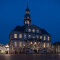 Town hall Maastricht of 1684 located in the center of the market square during twilight with the carillon and the wooden structure