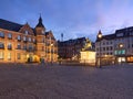 Town hall in the old town of Dusseldorf in Germany. Beautifully illuminated Central Square with the Johann Wilhelm II monument.