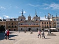 The town hall of Ponferrada adorned with Spanish flags during the Holm oak festival Royalty Free Stock Photo