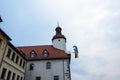 Town hall of SchmÃÂ¶llin in Thuringia, with flag of Ukraine Royalty Free Stock Photo
