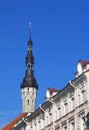 Town Hall Spire with Old Tomas on top in Tallinn, Estonia Royalty Free Stock Photo