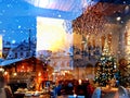 Christmas market in window vitrines trees decoration reflection on street vitrines snowflakes and gold confeti   holiday urban st Royalty Free Stock Photo