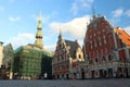 Town Hall Square overlooking the House of the Blackheads and St. Peter`s Church in the center of the old city of Riga, Latvia Royalty Free Stock Photo