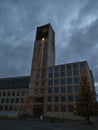 Town hall of Stuttgart with bell tower at market place in downtown during Christmas season with decorations and Christmas tree.