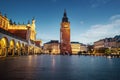 Town Hall Tower and Cloth Hall at Main Market Square at night - Krakow, Poland Royalty Free Stock Photo