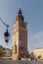 The town hall tower and the main market square in Krakow, Poland, on a beautiful sunny day Royalty Free Stock Photo