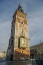 Town Hall Tower in the main market square (Rynek Glowny) in Krakow in Poland. Royalty Free Stock Photo