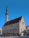 Town Hall and Town Hall Square of Tallinn, capital of Estonia. At the town hall flying the flag of Estonia and flag of Royalty Free Stock Photo