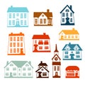 Town icon set of cute colorful houses