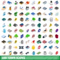 100 town icons set, isometric 3d style Royalty Free Stock Photo