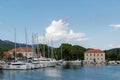 The town of Jelsa and the port with sailing ships on the island of Hvar in Croatia Royalty Free Stock Photo