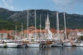 The town of Jelsa and the port with sailing ships on the island of Hvar in Croatia Royalty Free Stock Photo