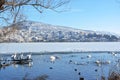 Town of Kastoria and half frozen lake Orestiada