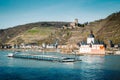 Town of Kaub with ship on Rhine river, Rheinland-Pfalz, Germany