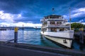 Town of Konstanz on Bodensee lake scenic waterfront and boat view