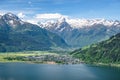 Town and lake of Zell am See in front of the impressive snow-capped Kitzsteinhorn, Zell am See, Pinzgau, Salzburger Land, Austria Royalty Free Stock Photo